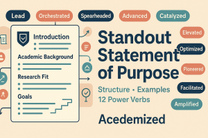 Illustration of a Statement of Purpose outline with sections—Introduction, Academic Background, Research Fit, and Goals—plus 12 power verbs.