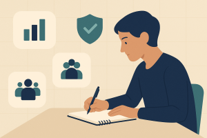 Researcher writing a dissertation methodology with icons for data analysis, sampling, and research ethics